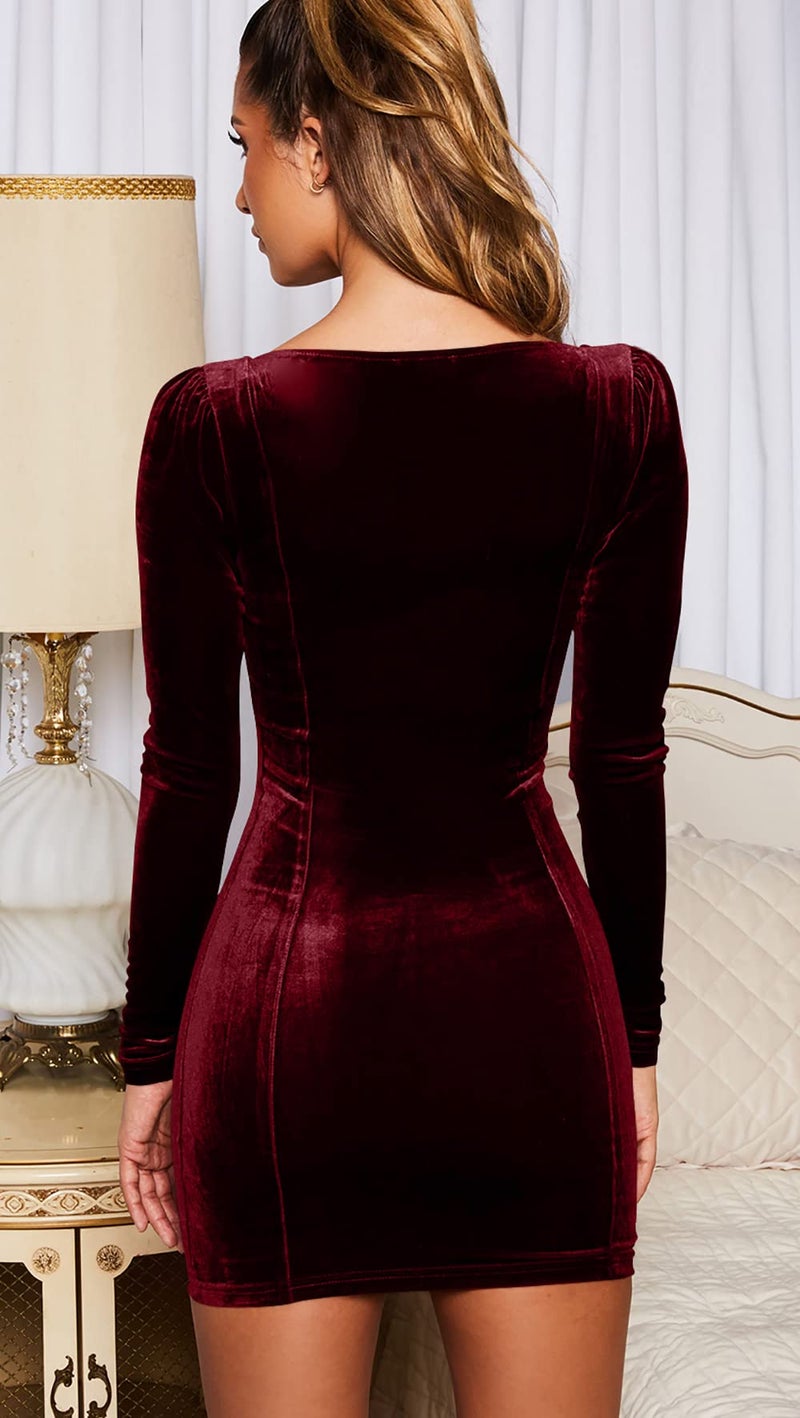 GOBLES Womens Sexy Velvet Long Sleeve Bodycon Elegant Mini Party Dress Wine Red - Image 2